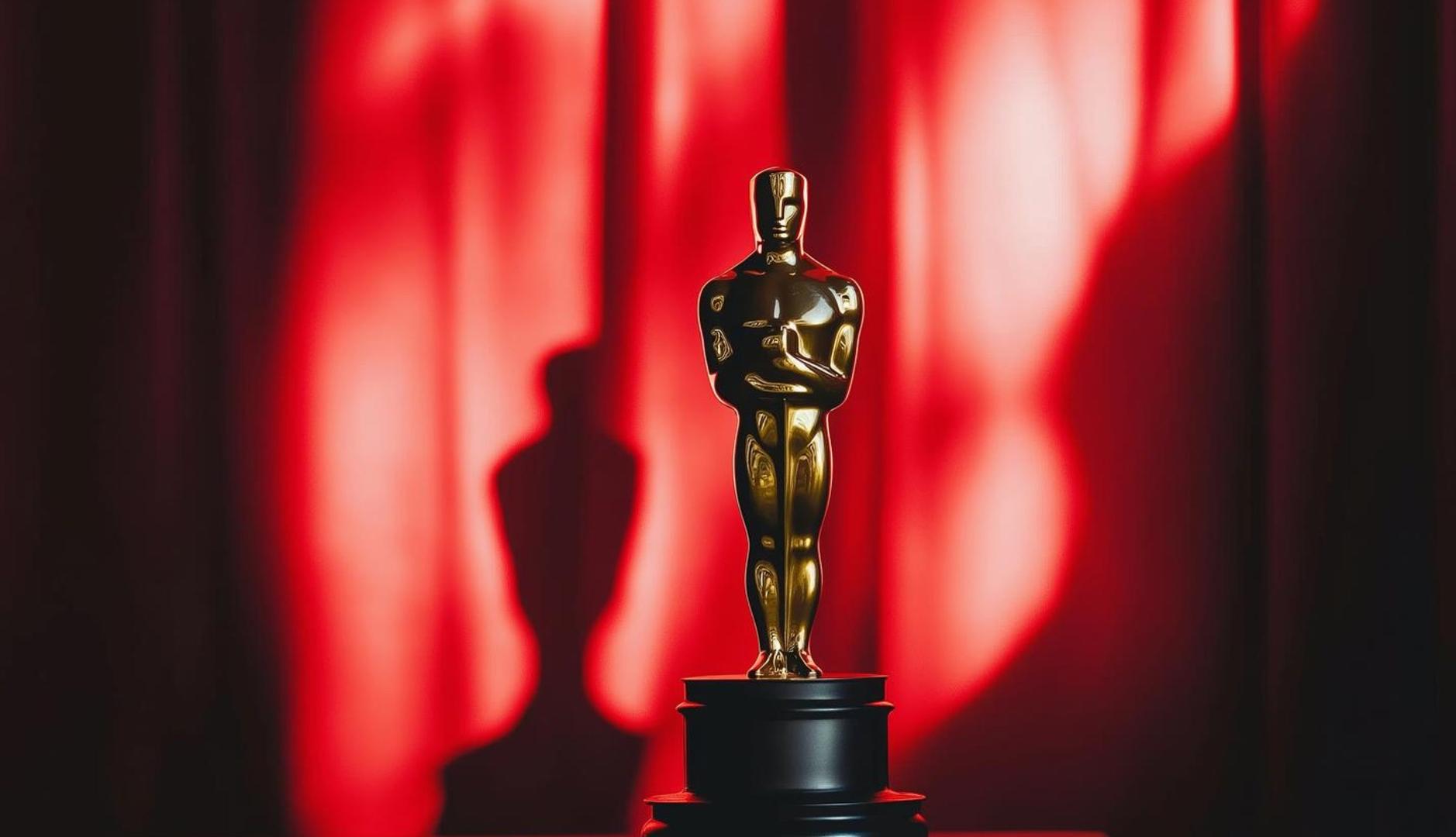 Estatua de Premios Óscar con telón rojo de fondo