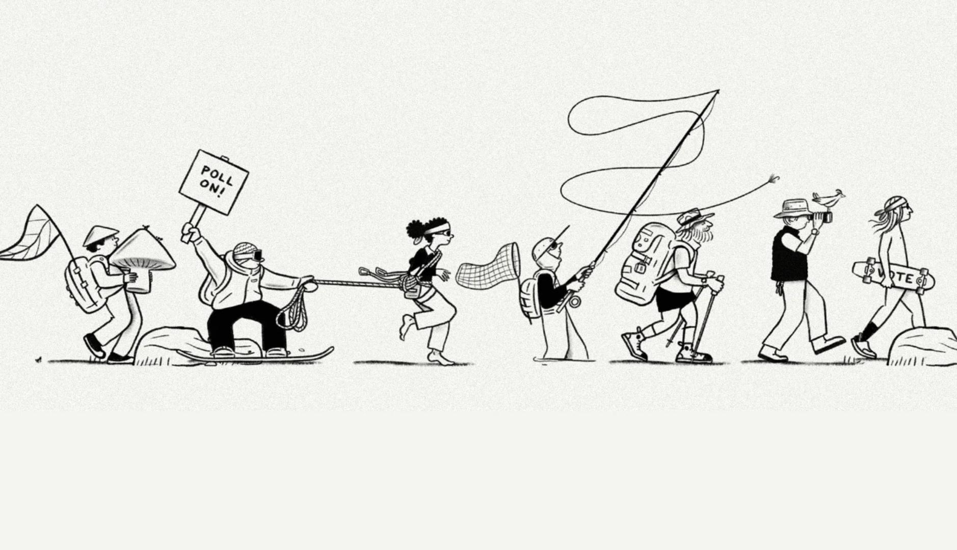 Viñeta de personas en fila en blanco y negro, representando diferentes personalidades que van a votar