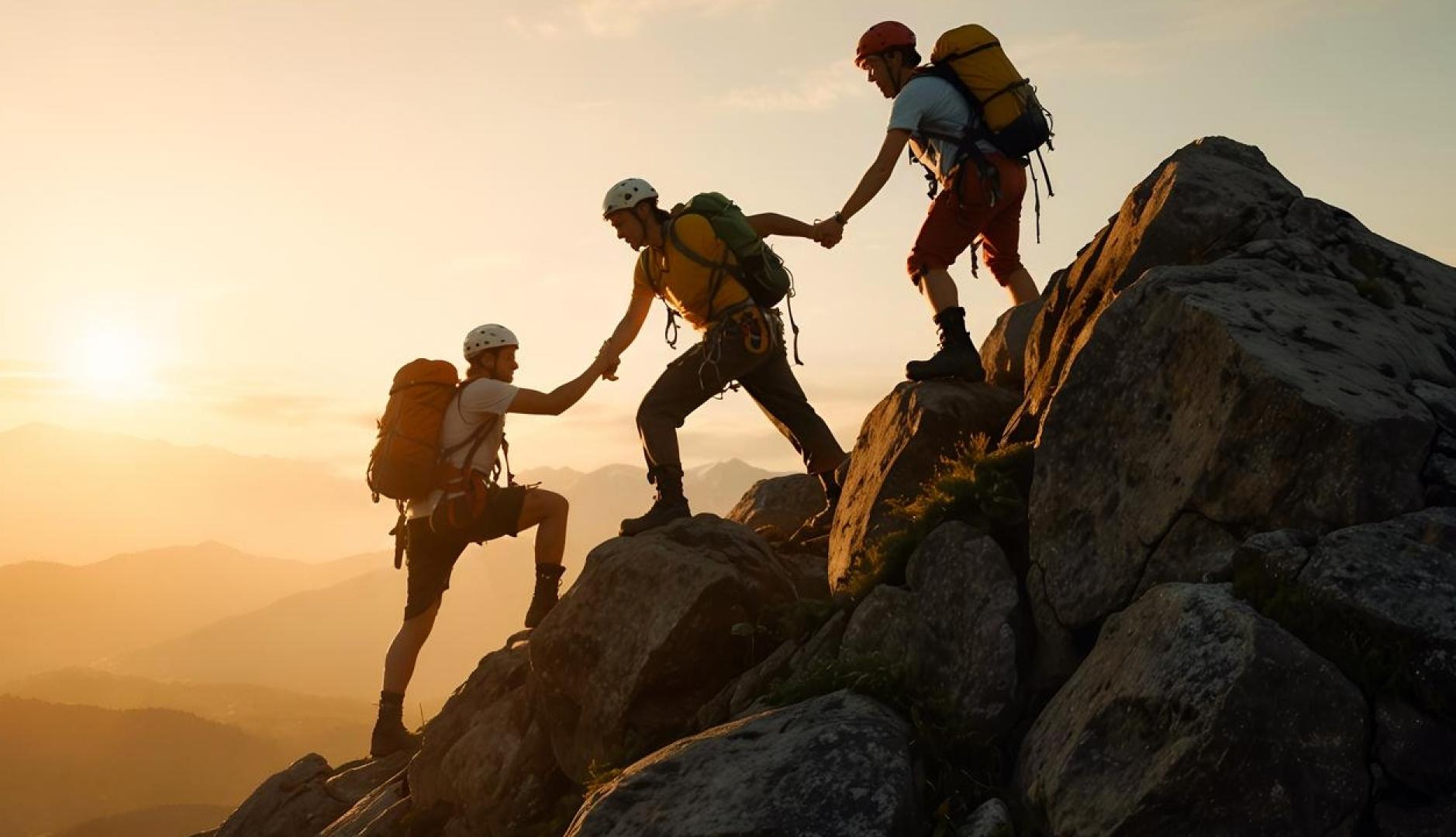 Tres personas escalando unas rocas en equipo