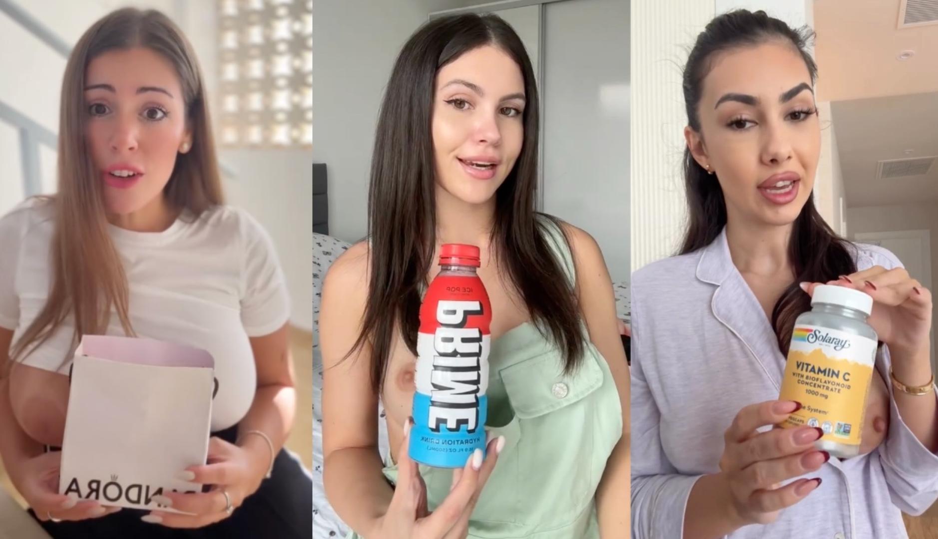 Chicas enseñando productos de marcas como CeraVe con los pezones al descubierto