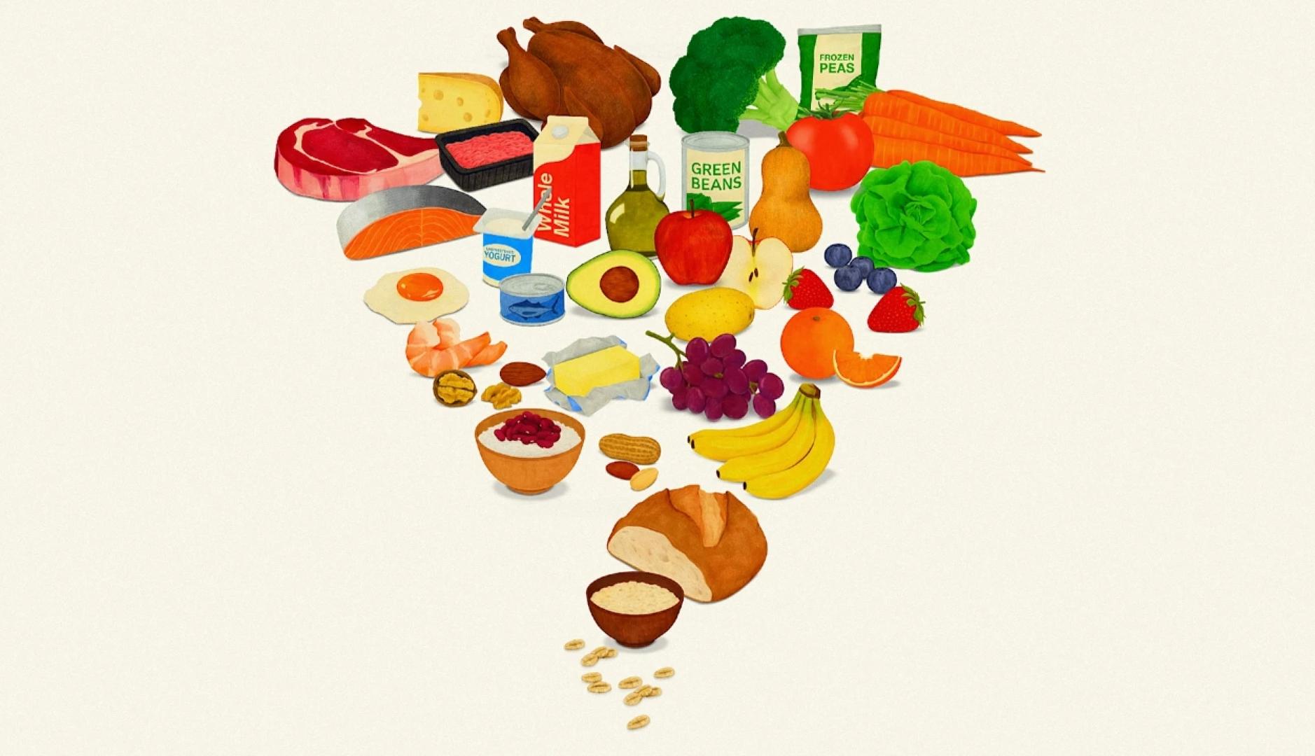 La nueva pirámide, invertida y con los alimentos dibujados en estilo acuarela