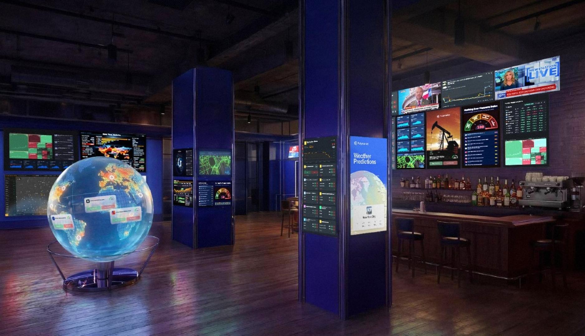Un bar con pantallas que muestran noticias y bolsas de valores y una bola del mundo digital en el centro