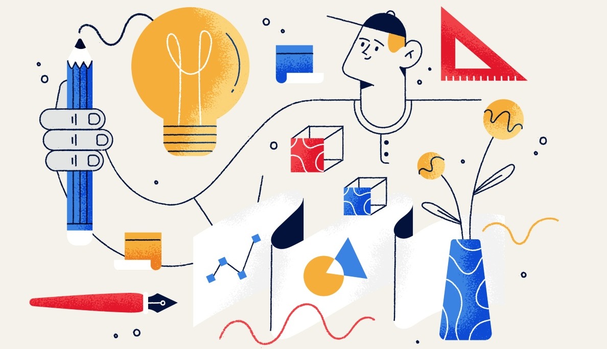 ilustración de chico con herramientas de trabajo alrededor