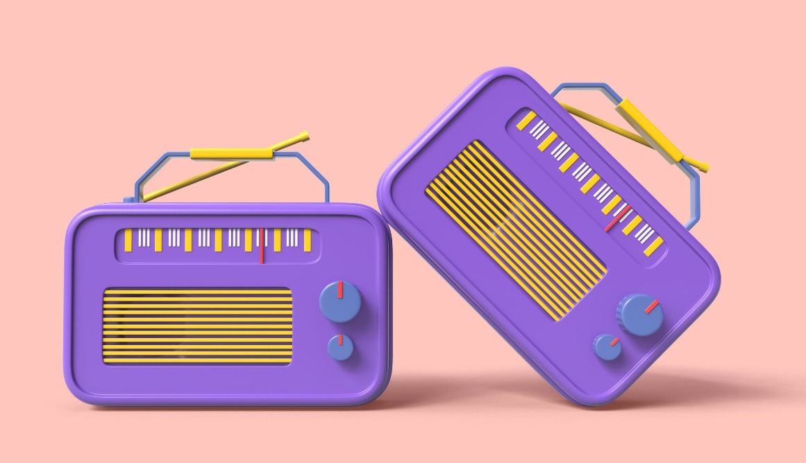 dos radios de color morado con diseño 3D, una apoyada sobre la otra