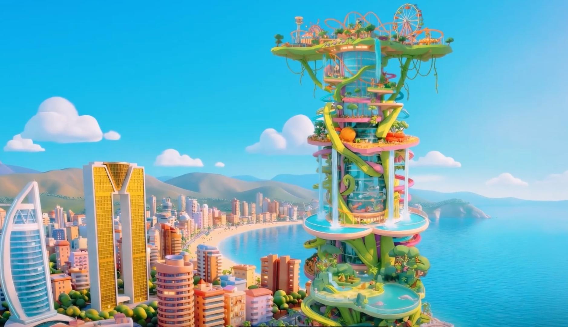 Una ilustración de Benidorm donde se ve el rascacielos surrealista de muchos colores
