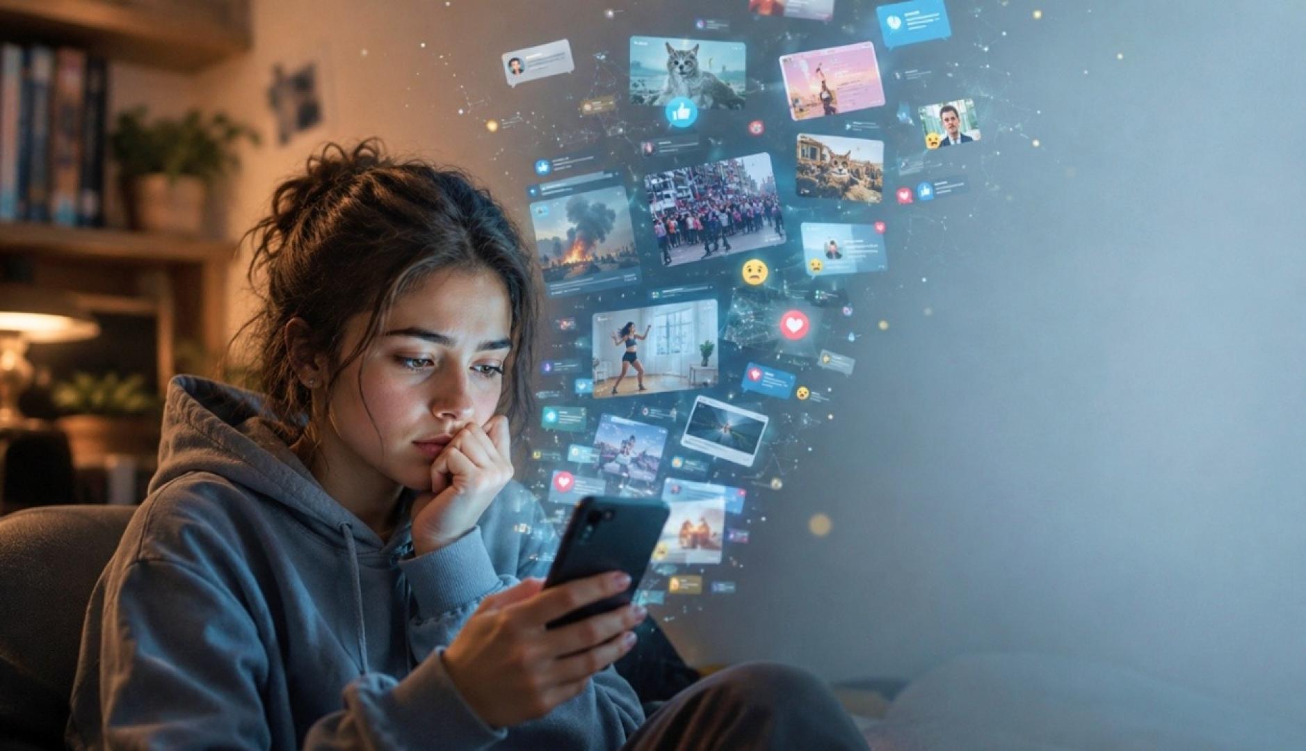 Una chica mirando el teléfono con cara de preocupación