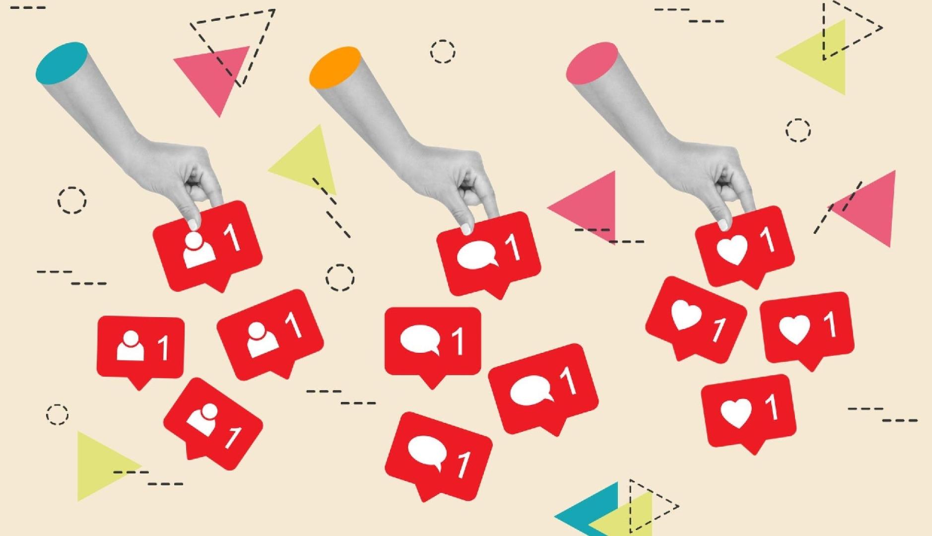 Unas manos que cogen los iconos de like, comentario y solicitud de amistad