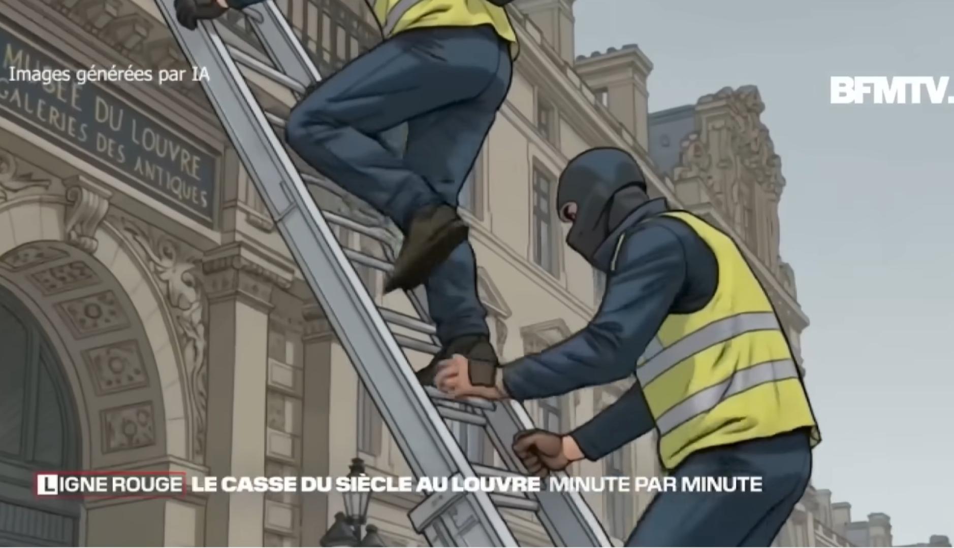 “Cuando necesites moverte rápido”: Böcker convierte el robo millonario del Louvre en campaña de marca La escena de los ladrones subiendo por el elevador, generada con inteligencia artificial