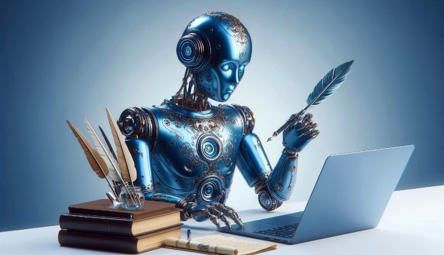 Un robot frente a un ordenador sosteniendo una pluma de escritura