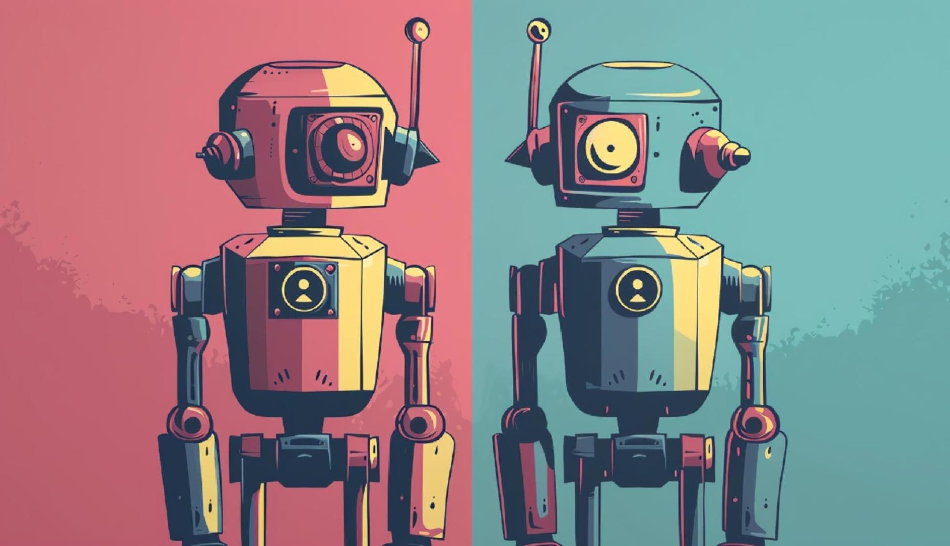 Ilustración con dos robots, uno sobre fondo rojo y el otro sobre fondo verde