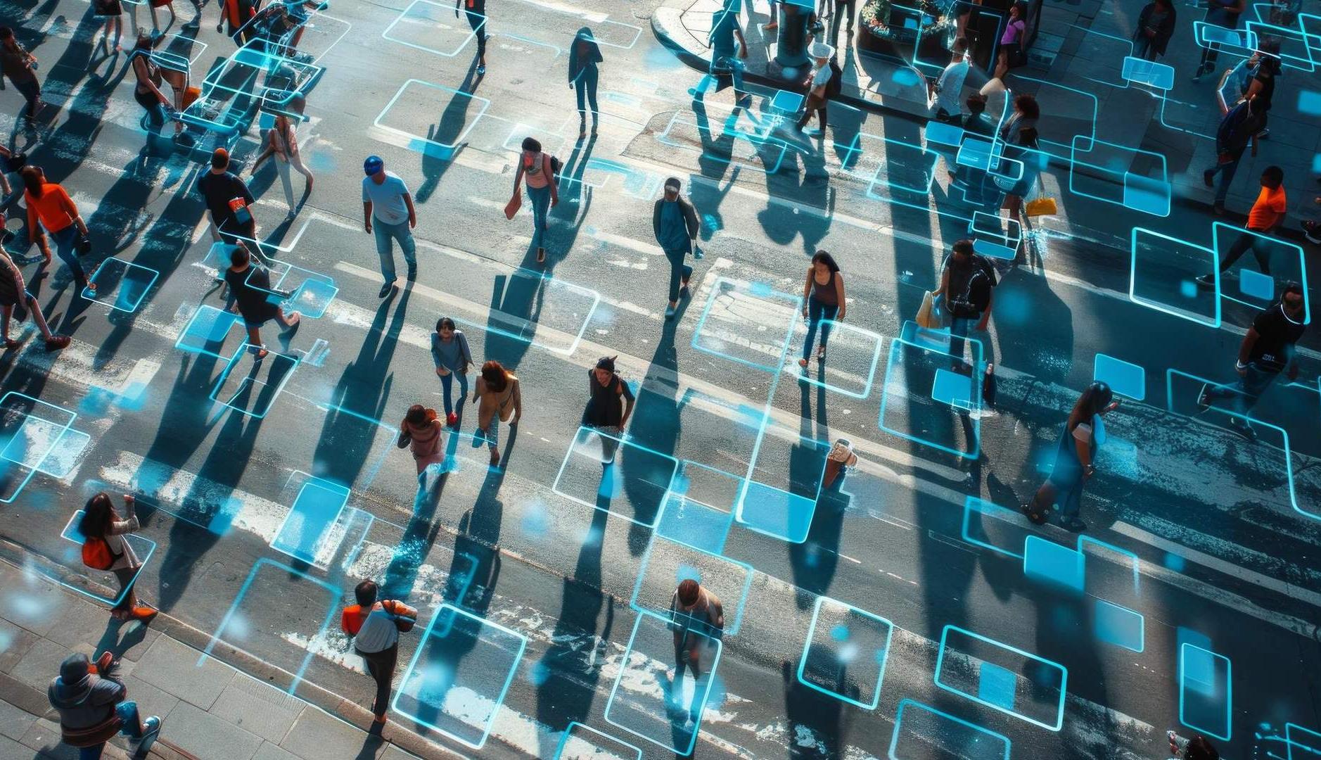 Personas caminando por calle con sobreimpresiones digitales