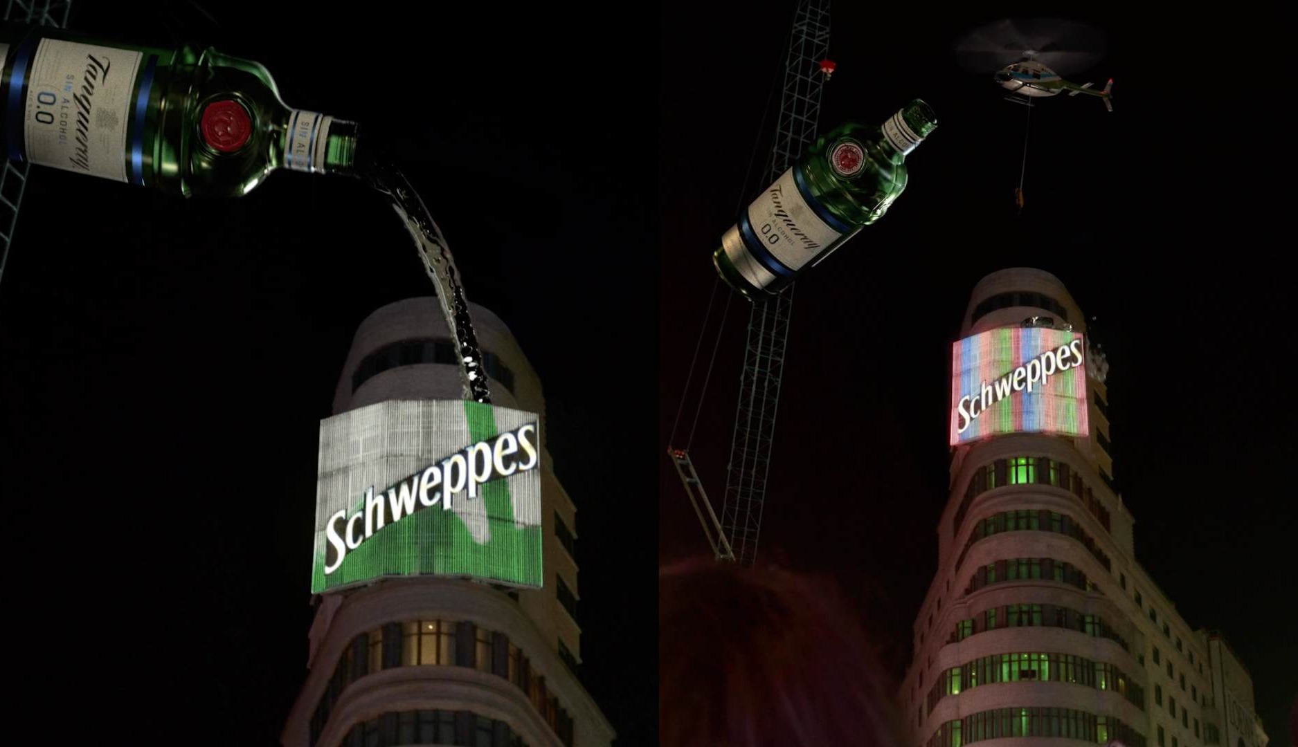 Una botella de Tanqueray vierte ginebra sobre el cartel luminoso de Schweppes en Gran Vía