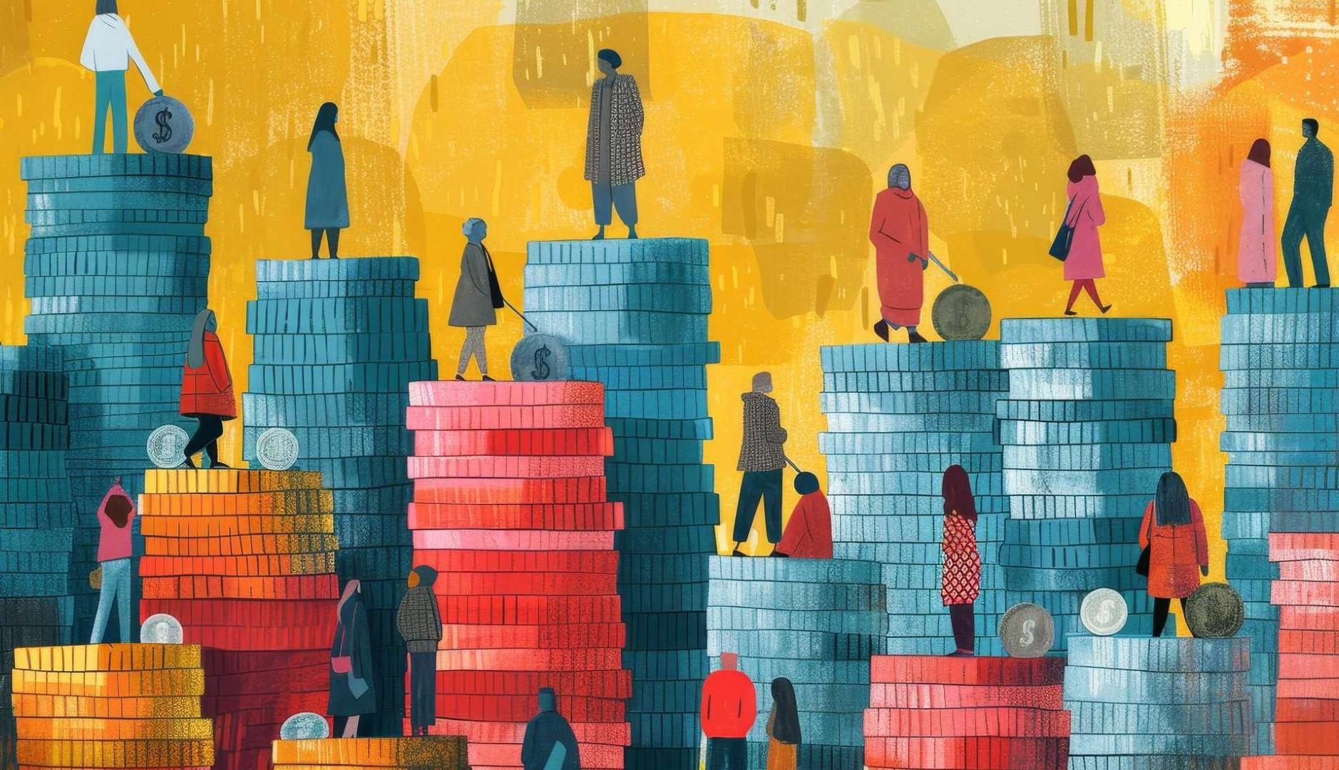 Ilustración de personas sobre montañas de monedas