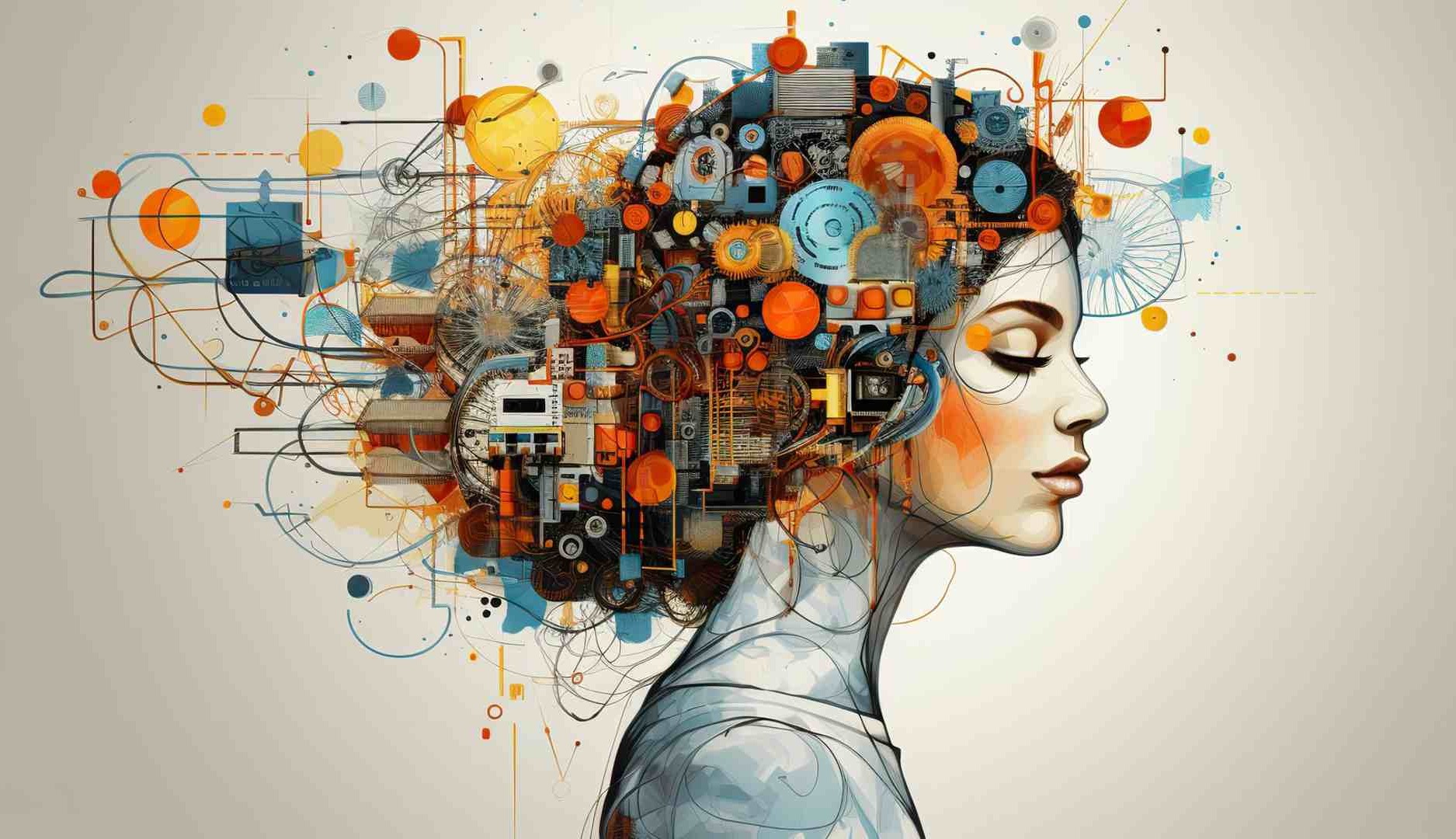Ilustración de una mujer con adornos tecnológicos en el pelo
