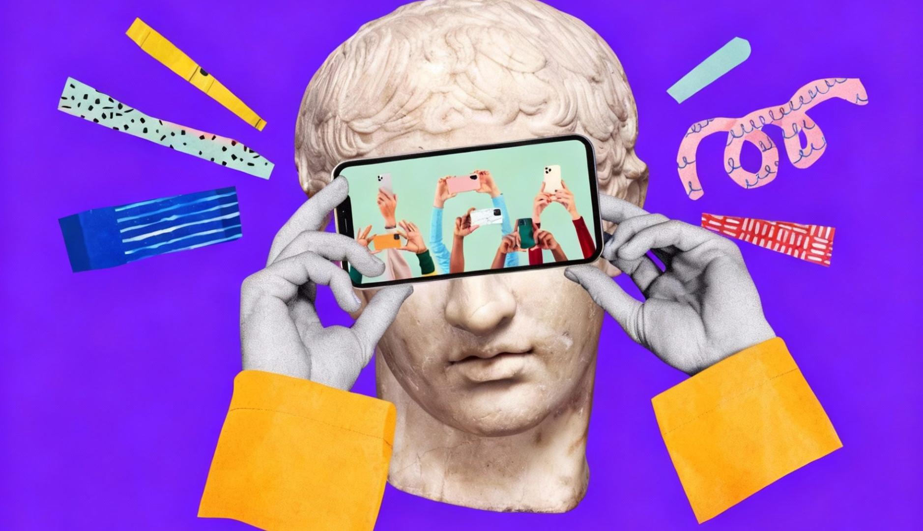 Collage de un busto griego con un teléfono móvil