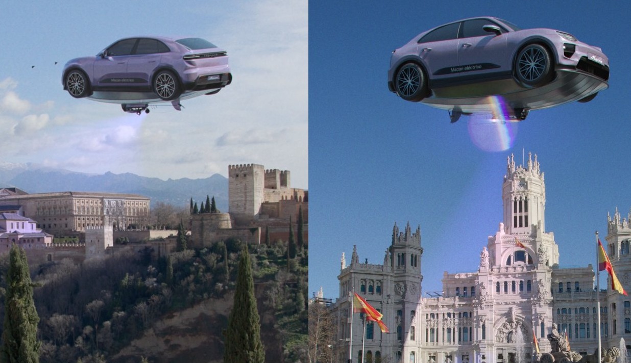 el zeppelin de porsche sobrevolando la alhambra y el ayuntamiento de madrid