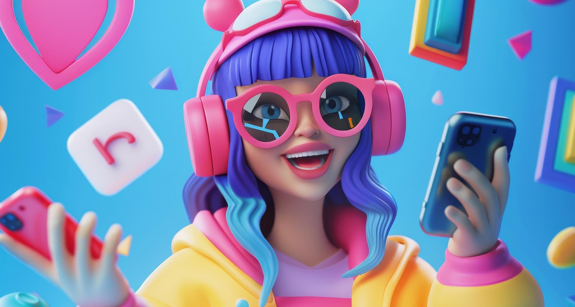 Una chica diseñada en 3D con dos teléfonos en las manos, auriculares y gafas de sol