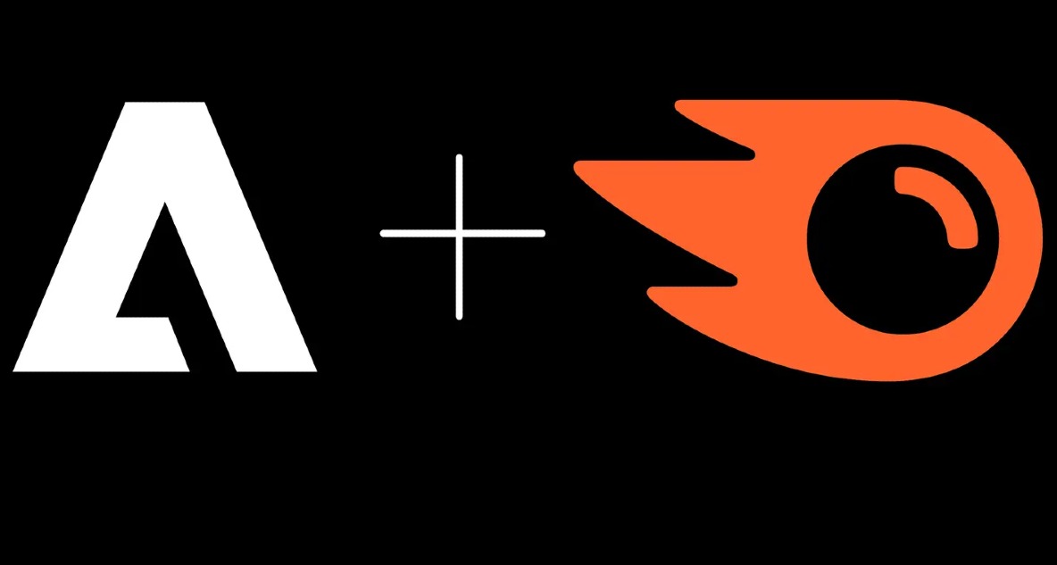 Los logotipos de adobe y semrush sobre un fondo negro