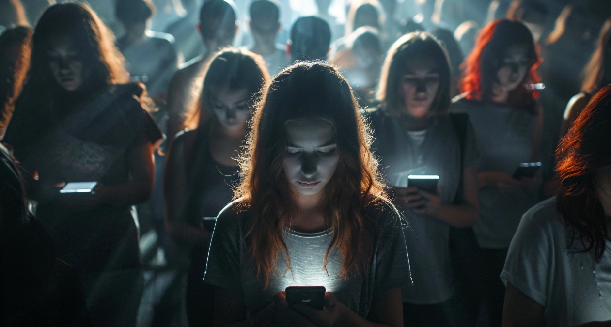 Muchas adolescentes mirando el móvil en un ambiente sombrío y lúgubre