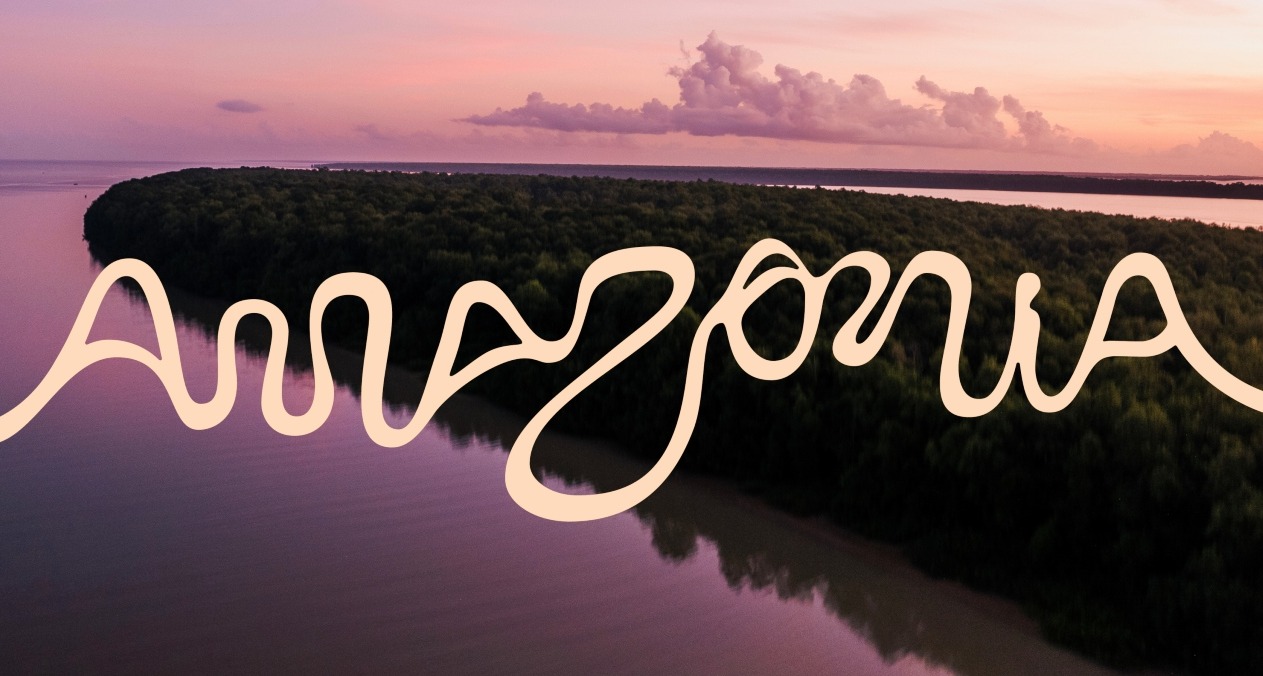 Logotipo de la Amazonia sobre un paisaje al atardecer