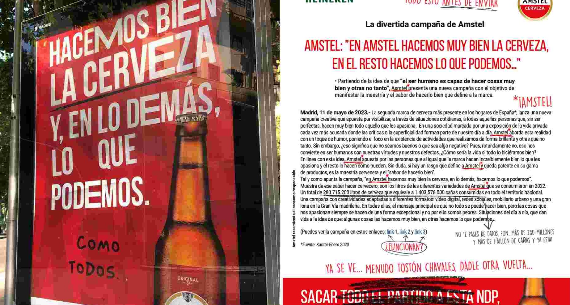 Una nota de prensa emborronada que quiere reflejar que a Amstel lo que se le da bien es la cerveza