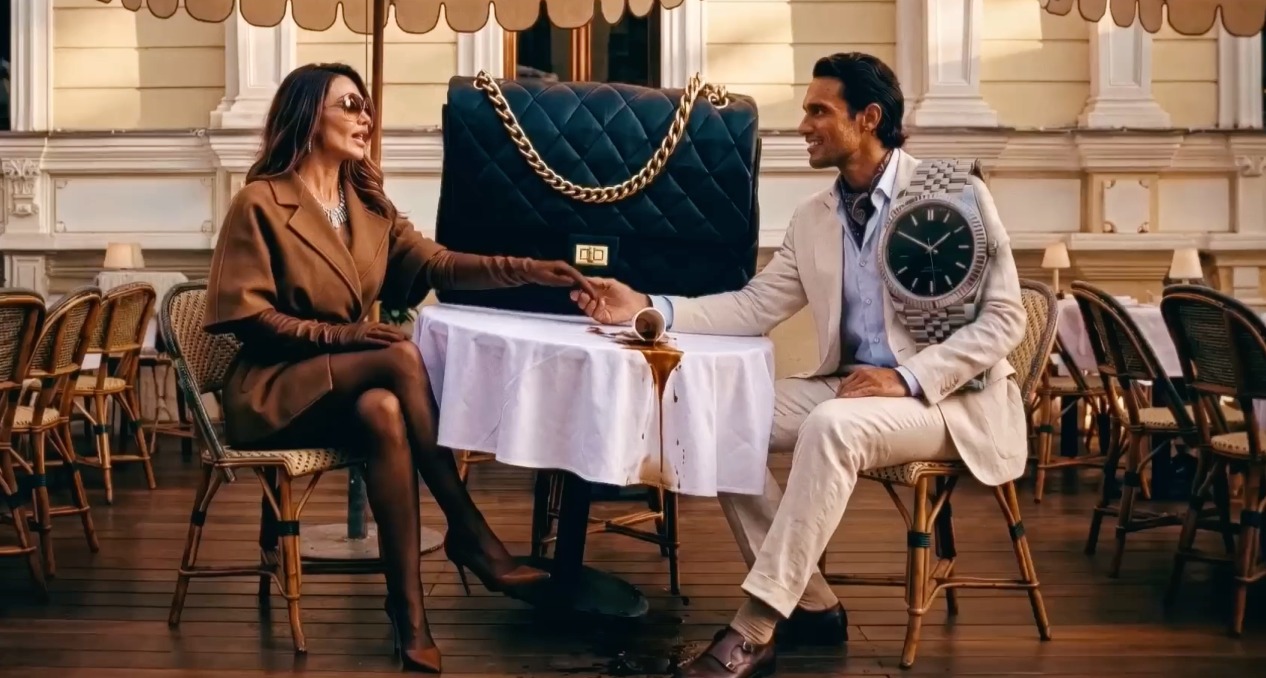 Una mujer y un hombre en una terraza junto a un bolso y un reloj gigantes que tiran el café de la mesa