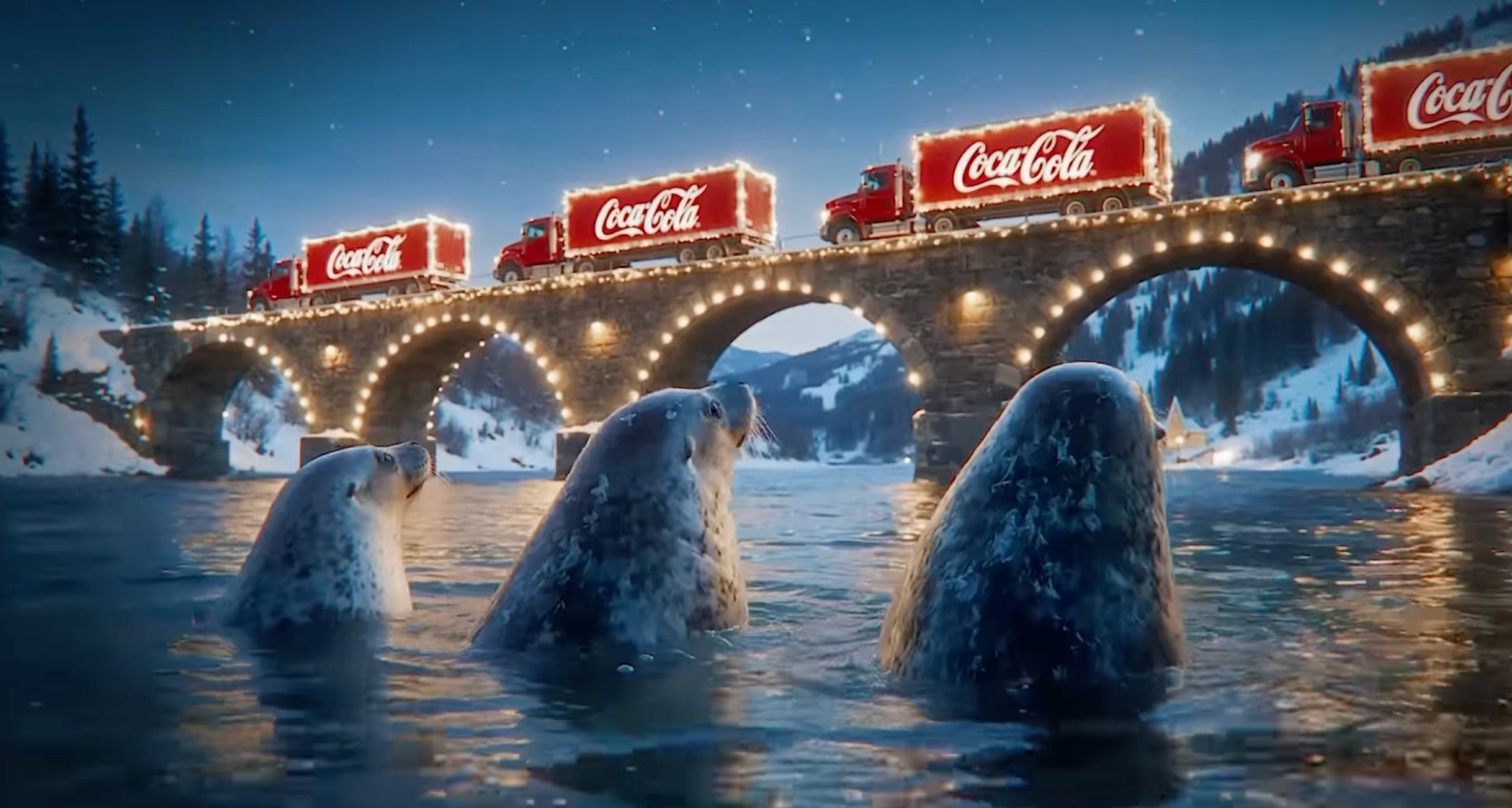 Tres focas ven pasar camiones de Coca-Cola