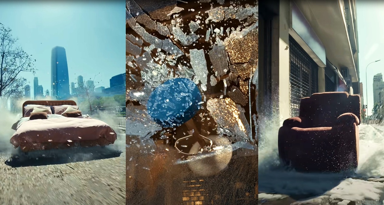 Una imagen de la cama, el taburete y el sillón de los anuncios