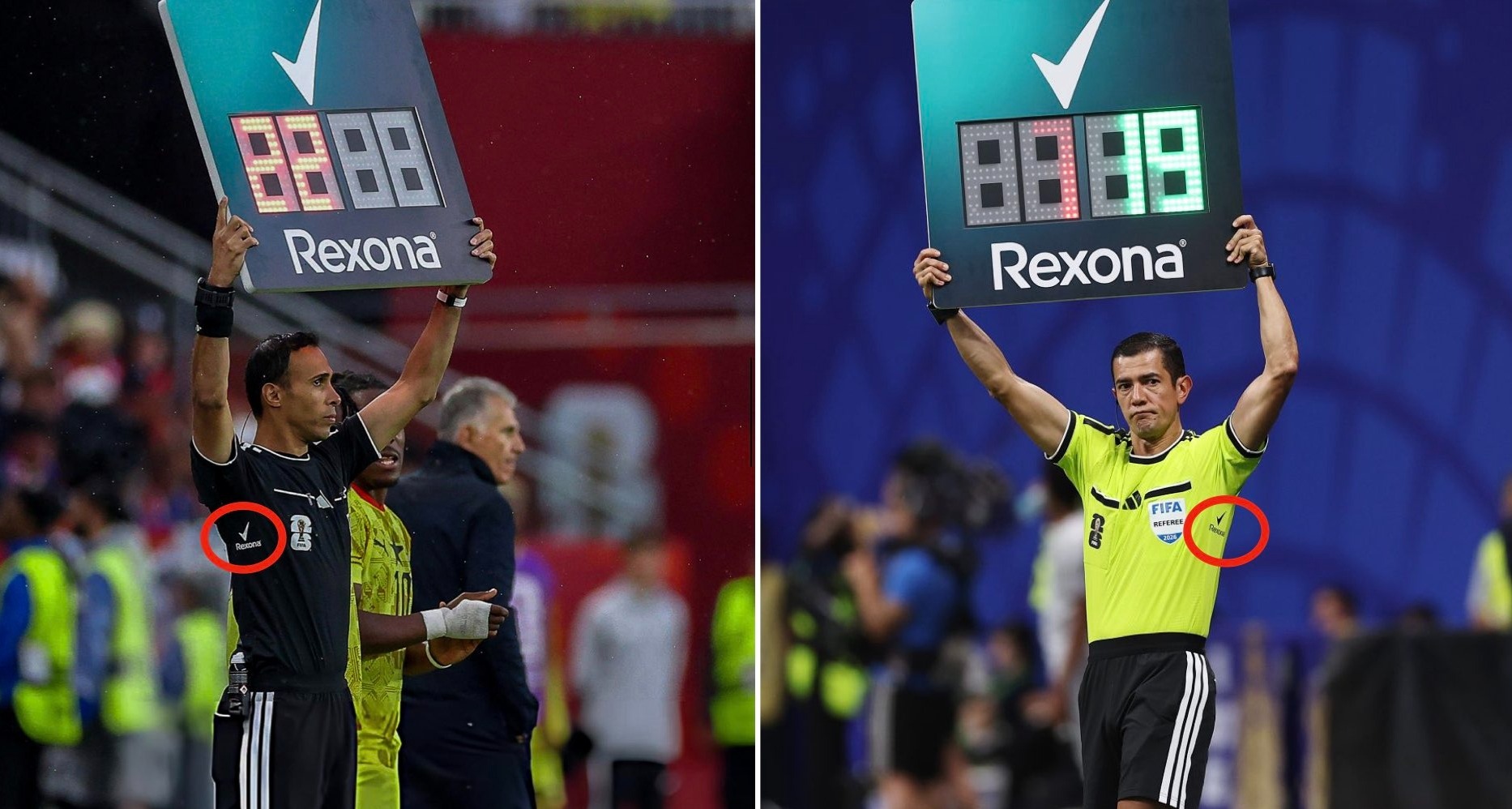 Dos árbitros sosteniendo el marcador y dejando ver el logo de Rexona en la axila de la camiseta
