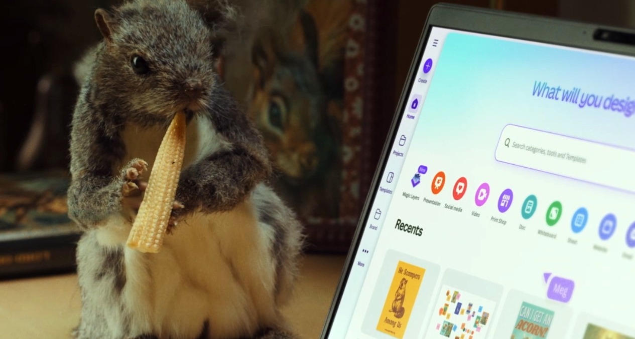 Una ardilla comiendo al lado de un portátil con la web de Canva abierta