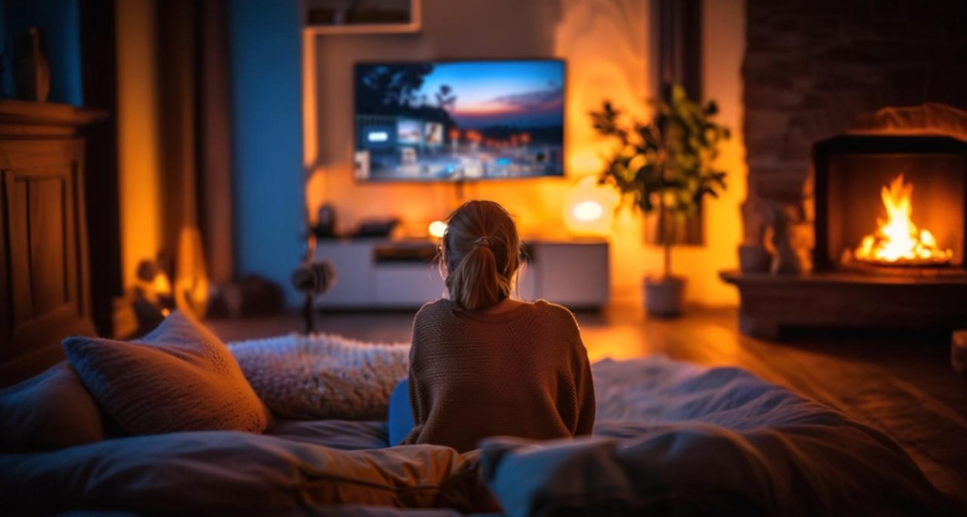 Chica ve la televisión junto a una chimenea