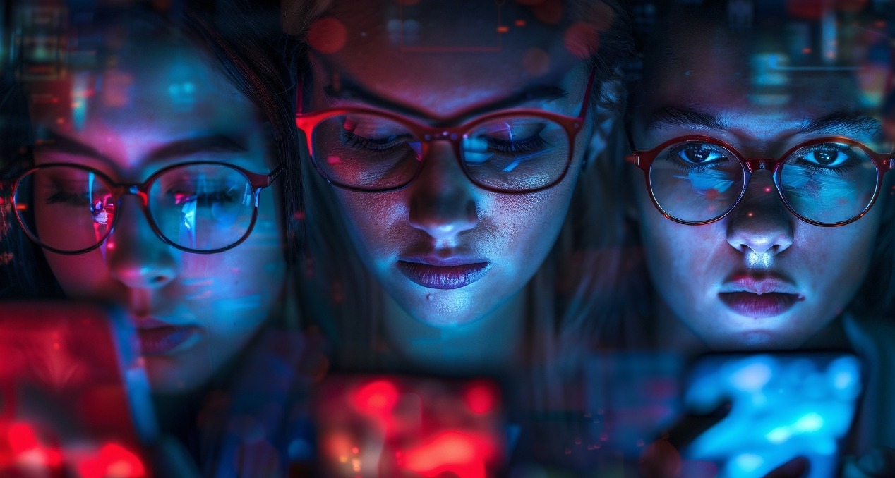 Primer plano del rostro de una mujer tres veces en diferentes miradas