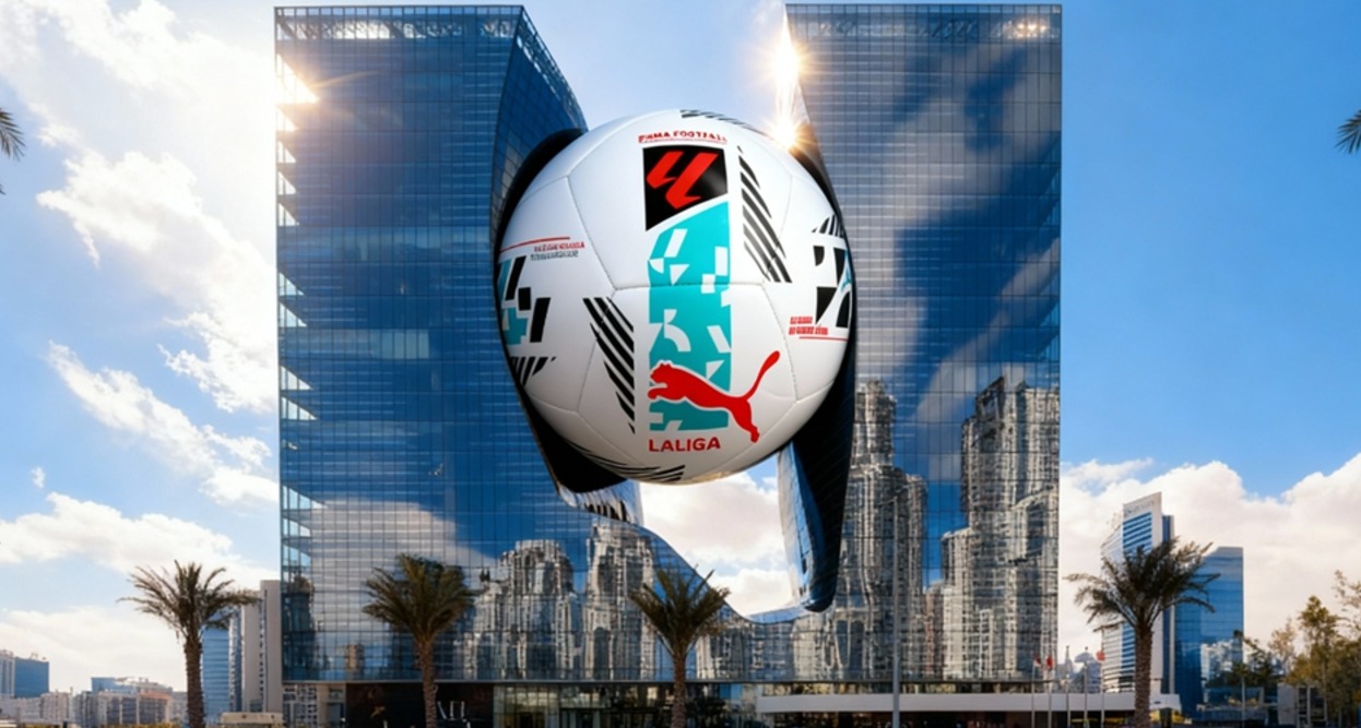 un balon gigante de la liga incrustado en un edificio con fachada de espejos