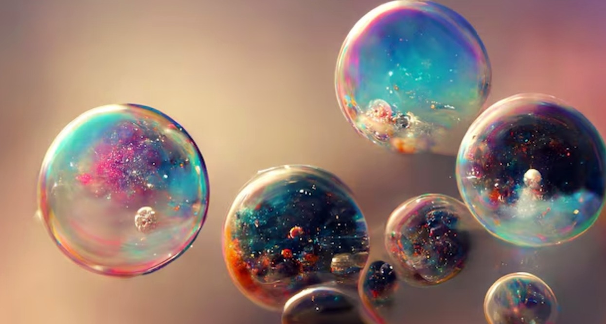 ocho bolas abstractas de colores flotando en un fondo de color