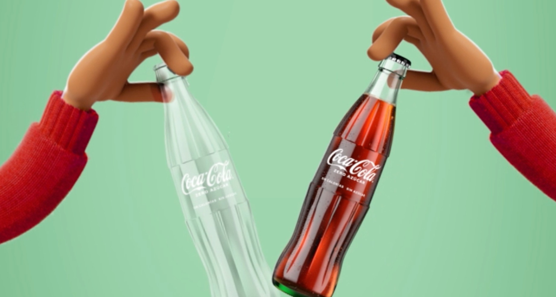 Coca-Cola recurre a la gamificación con un juego interactivo para concienciar sobre el reciclado de botellas una imagen de manos animadas en 3D sosteniendo una botella llena y otra vacia de coca-cola