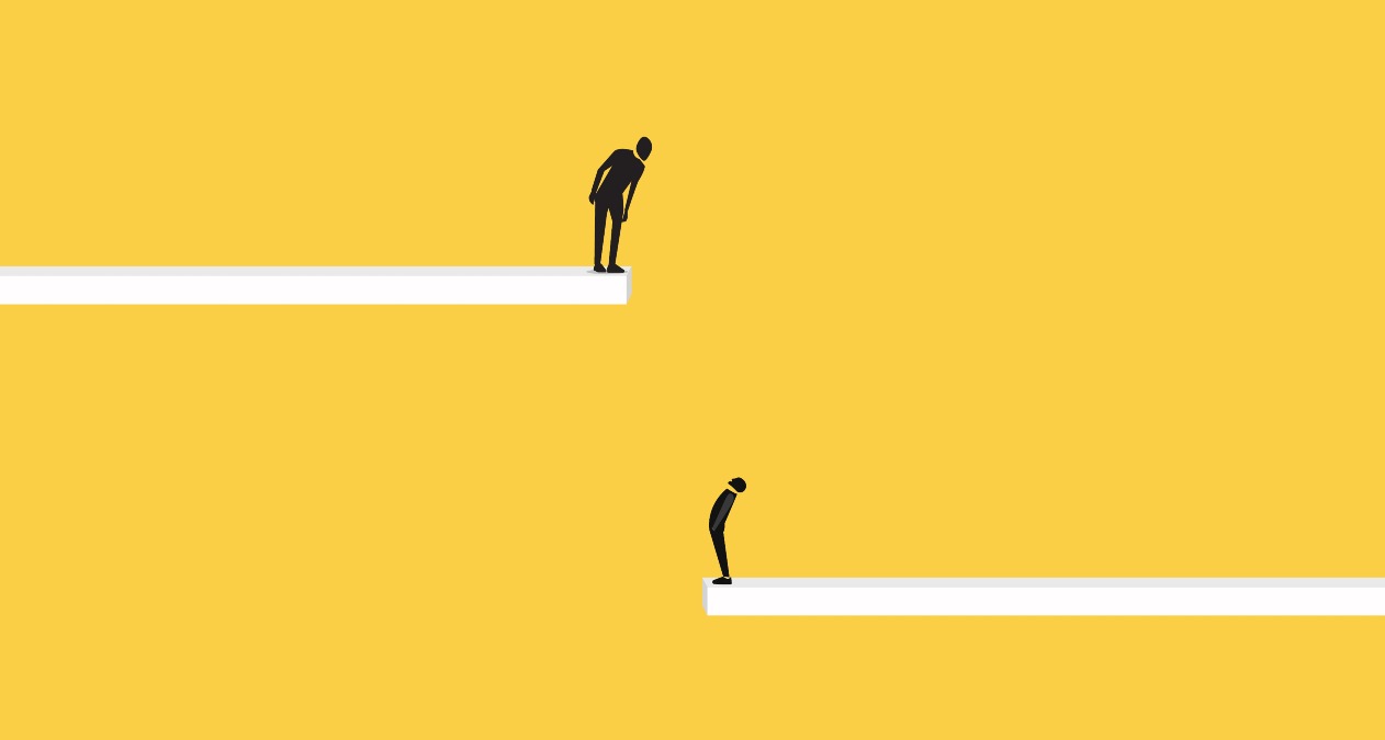 sobre un fondo amarillo una silueta humana negra mira hacia abajo donde hay otra que mira hacia arriba separadas por un abismo