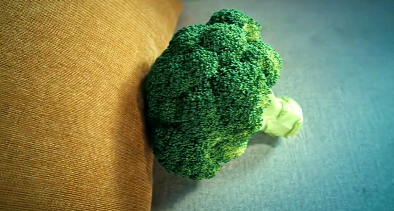 Un brócoli en un sofá como si estuviera en la consulta del psicólogo