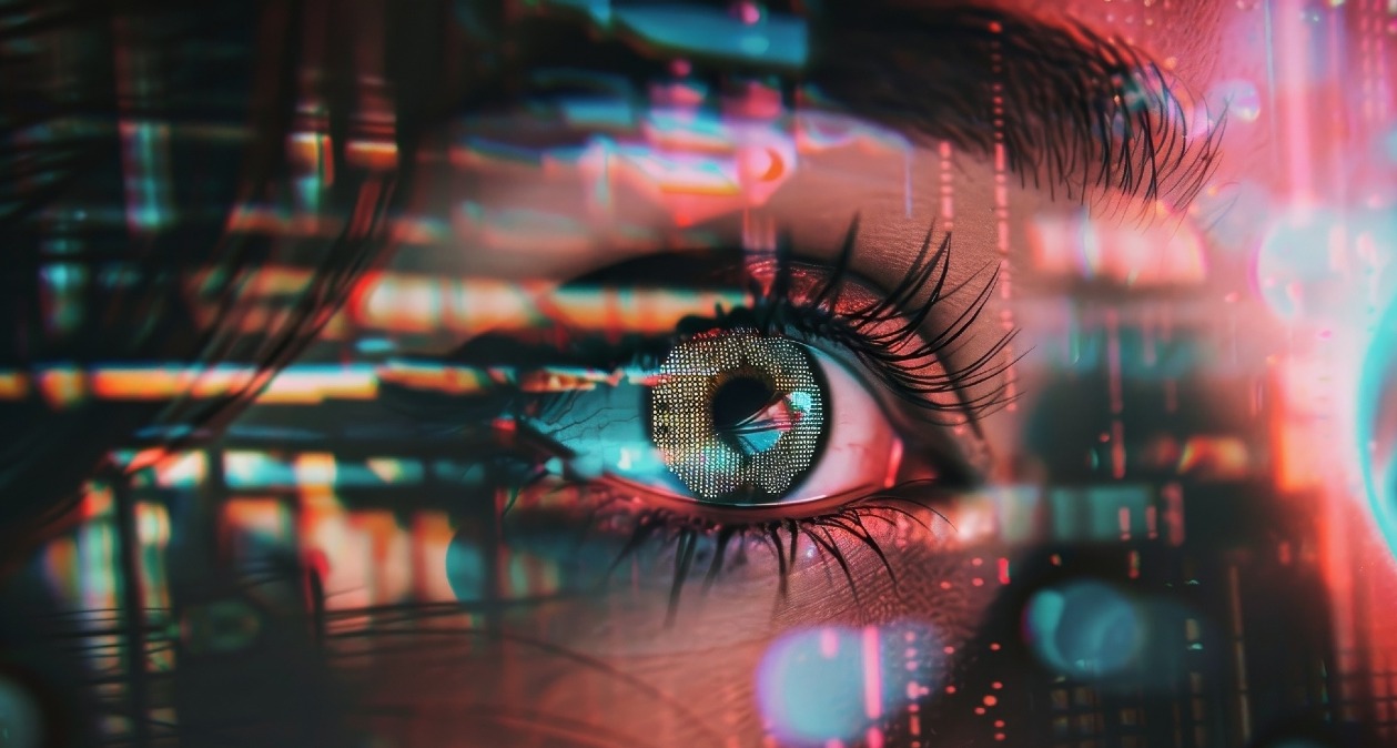 Un ojo de mujer rodeado de destellos de tecnología