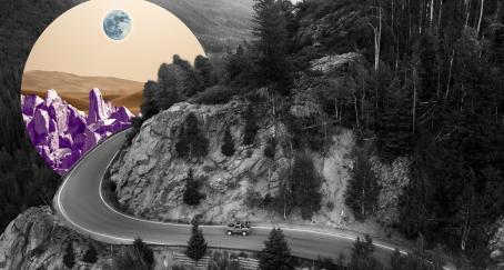 Collage de una carretera en blanco y negro con un paisaje lunar superpuesto a color