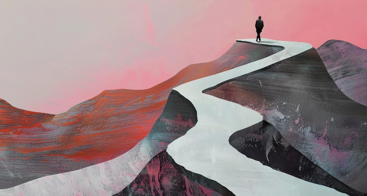 Un paisaje abstracto que muestra un camino y la silueta negra de una persona al fondo