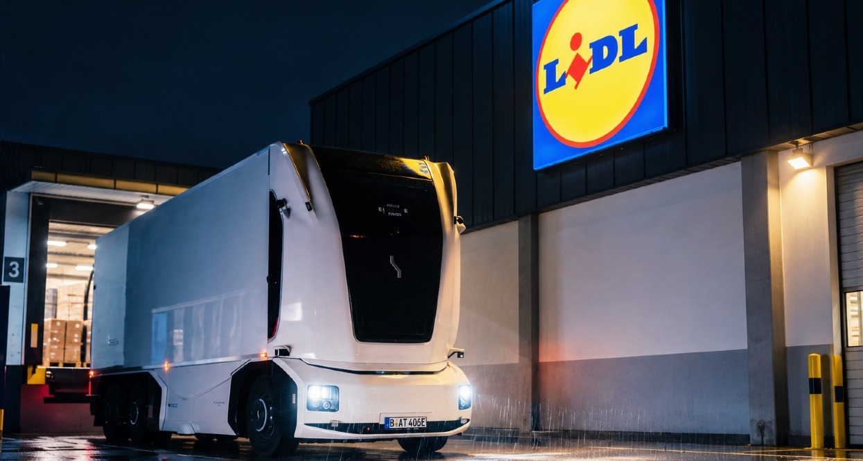 El camión autónomo saliendo de los almacenes de Lidl