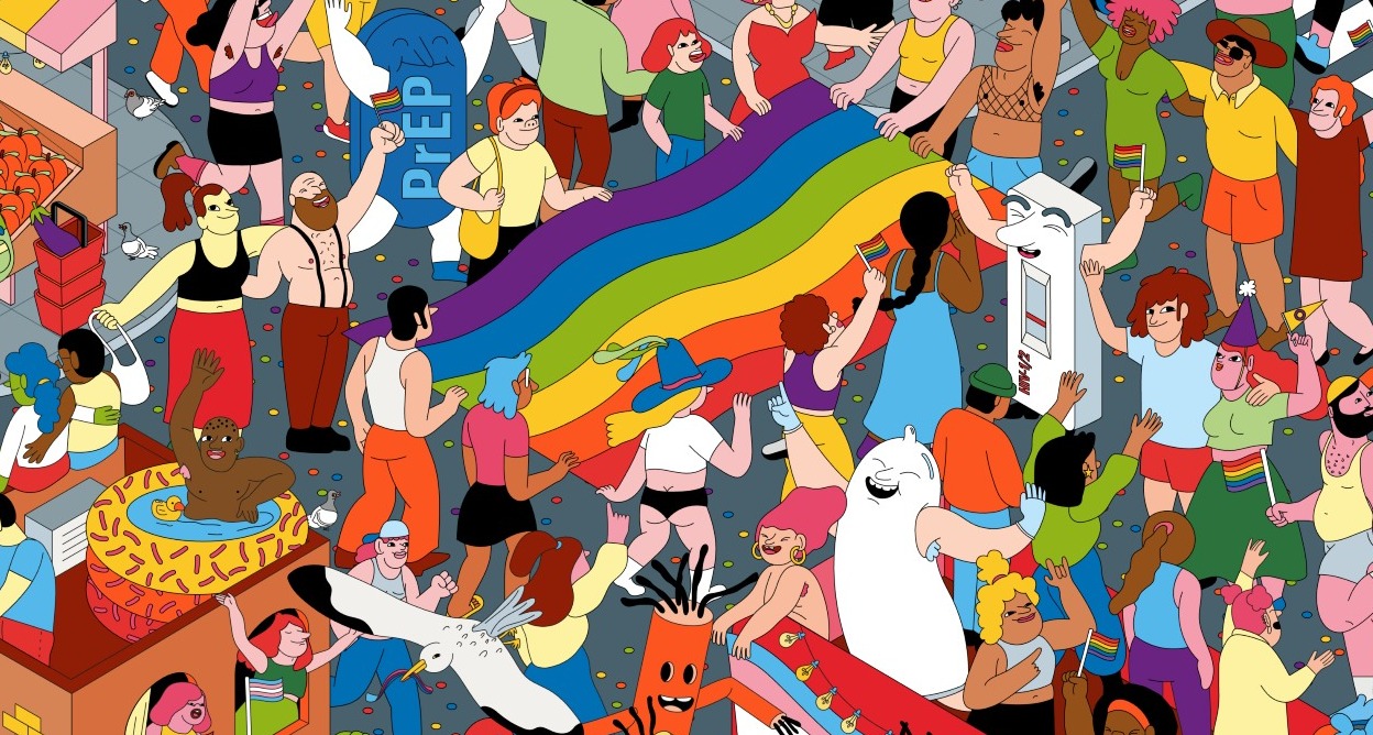 Imagen de la campaña al estilo dónde está wally con muchos personajes, escenas y colores