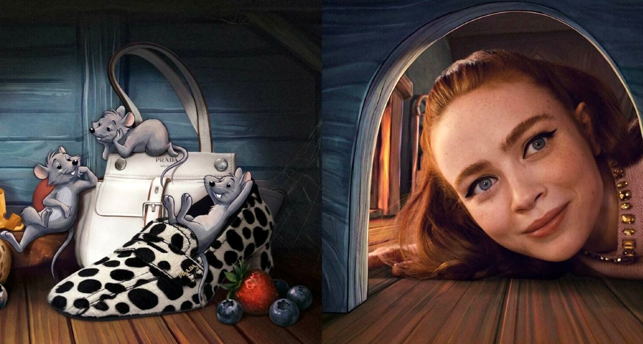 Ratones de dibujos animados junto a la actriz Sadie Elizabeth Sink
