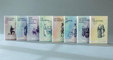 Colección de libros con estética de pasaporte