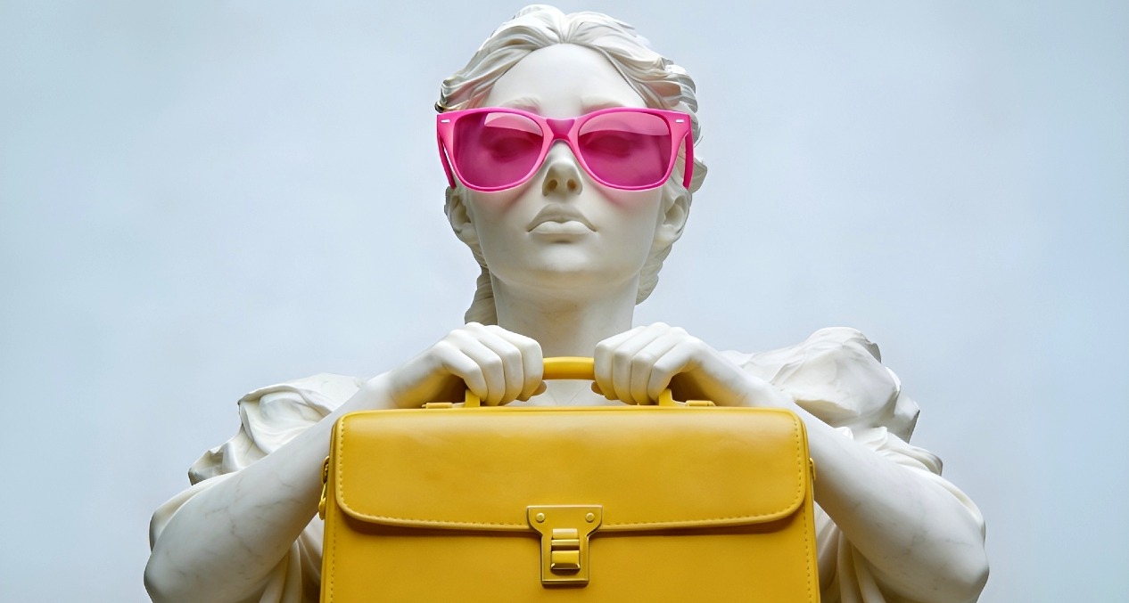 Una estatua de mujer con gafas de sol rosas sostiene una cartera amarilla