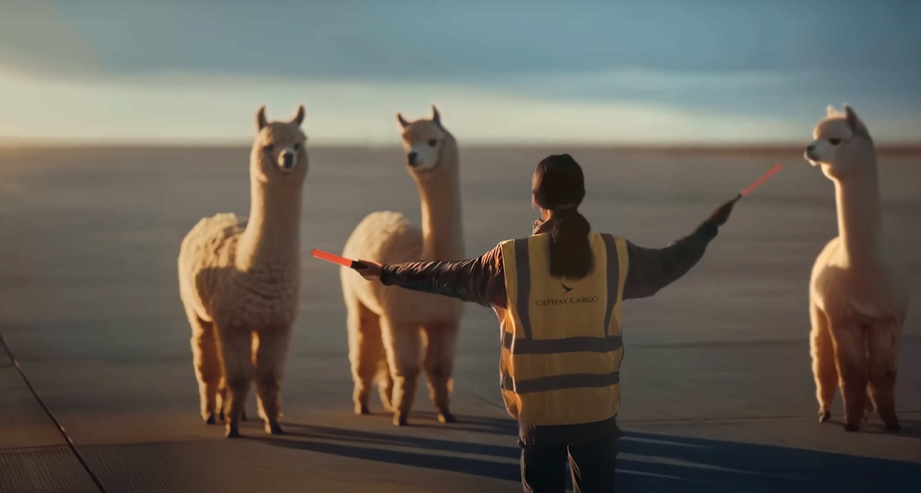 Una mujer dirigiendo a tres llamas en un aeropuerto