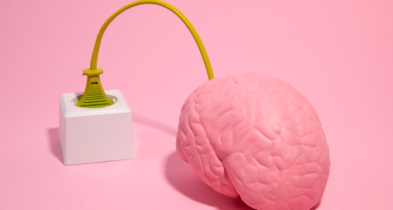 Imagen de un cerebro rosa enchufado a un enchufe
