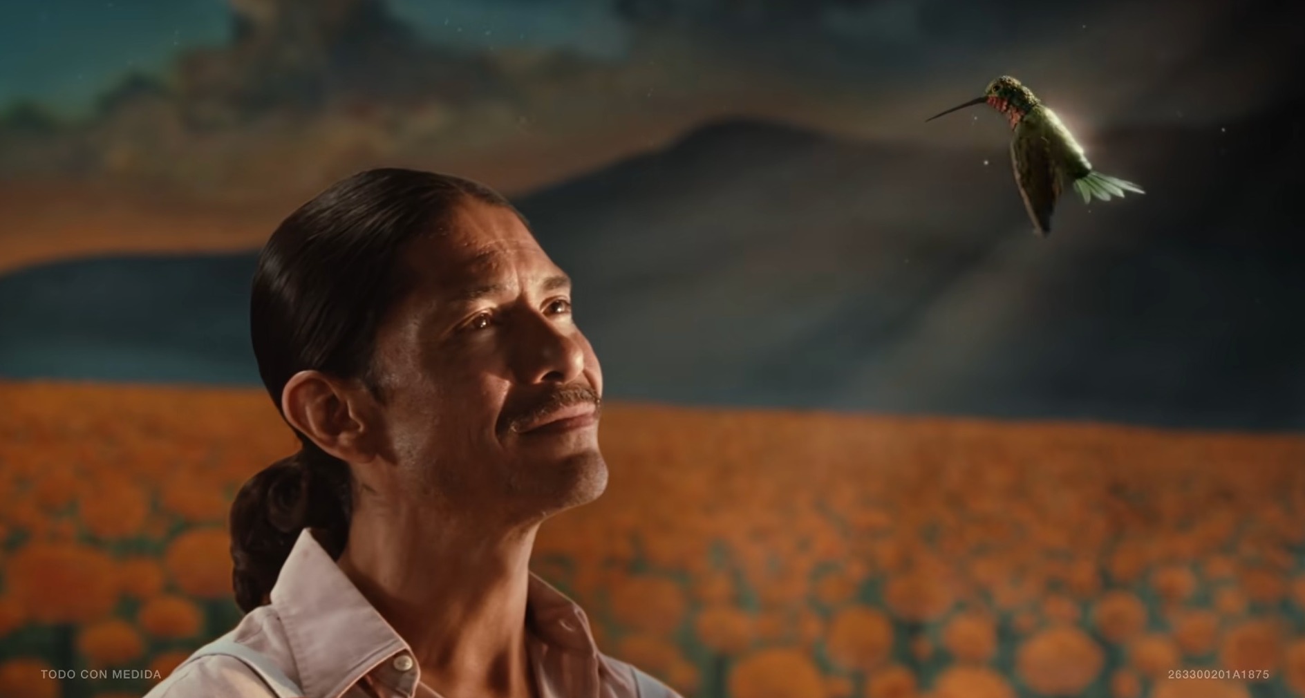 Hombre mirando sonriente a un colibrí