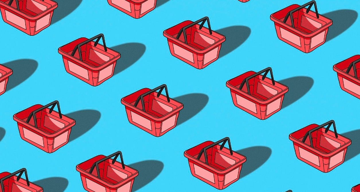 mosaico de cestas de la compra rojas sobre un fondo azul