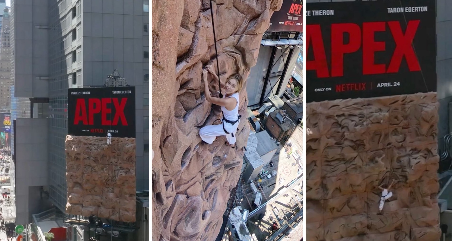 Charlize Theron escalando una valla publicitaria